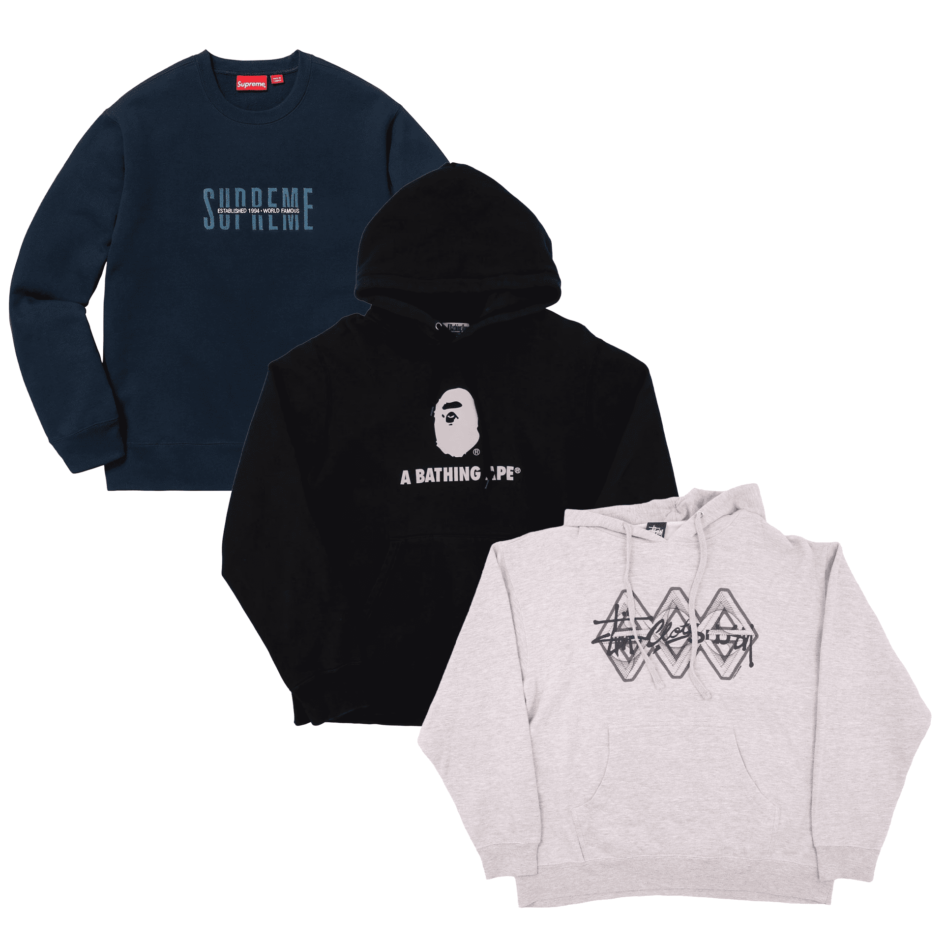 20x Mixed Sweatshirt & Hoodies Bundle (Bape, Supreme & Stussy)